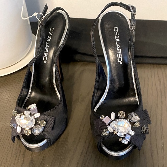 💕 DSQUARED2 Gemstone Crystals Embellished Black Italy Stiletto High Heels Sz 7 - Picture 13 of 16